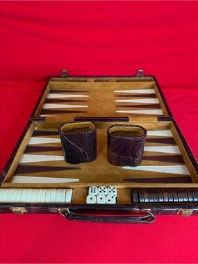 Vintage Brown Leather Backgammon Travel Set with Dice